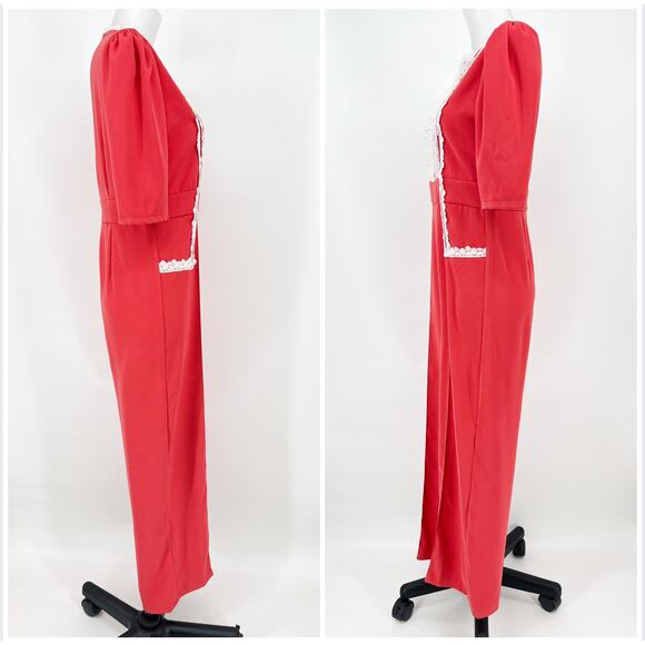 Vintage Jumpsuit 60s 70s Hand Made Wide Leg Womens Mediium Coral Red White Lace - Picture 2 of 13